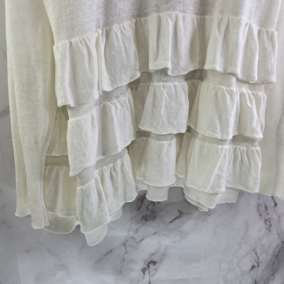 EILEEN FISHER Cardigan Womens Large Cream Linen Open Front Ruffle Sweater - Picture 8 of 12